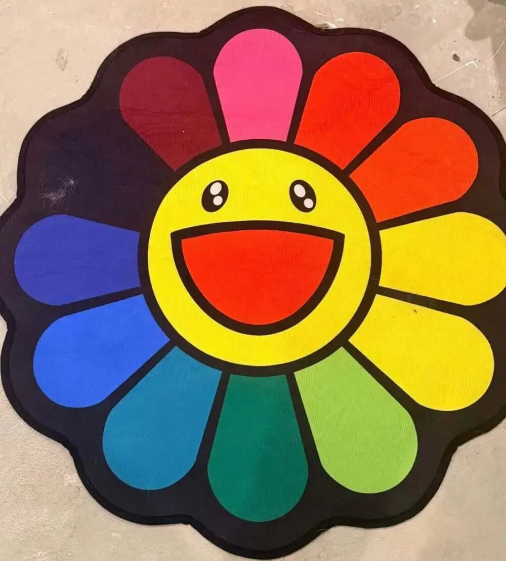 Takashi Murakami Style Rainbow Flower Smiley Face Area Rug Floor Mat